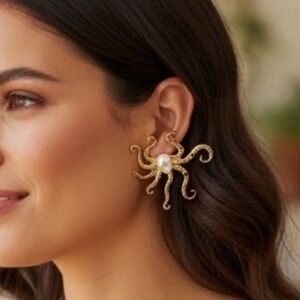 Gold Octopus Earrings with Pearl Accent